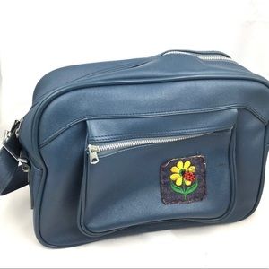 Vintage luggage carry on bag shoulder blue vinyl
